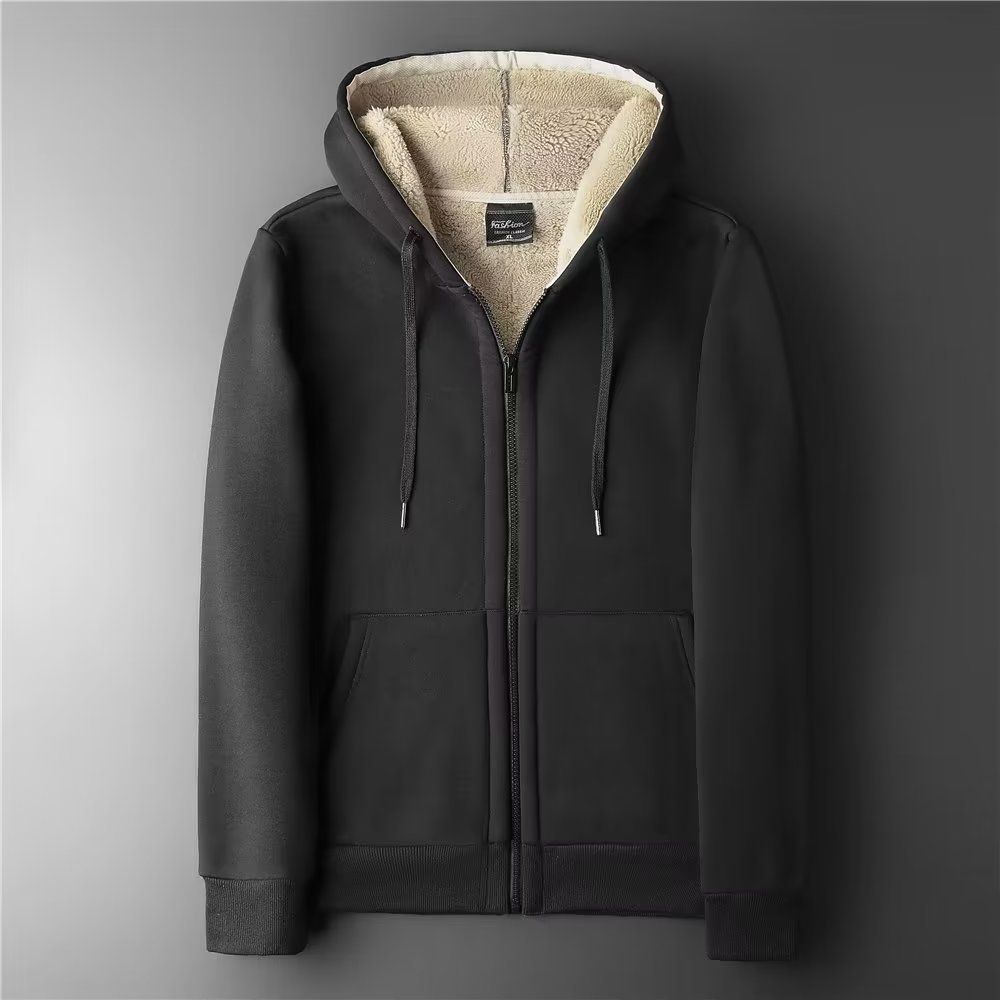 Men's Fleece Thickened Jacket with Zip-up Hood Loose Fit